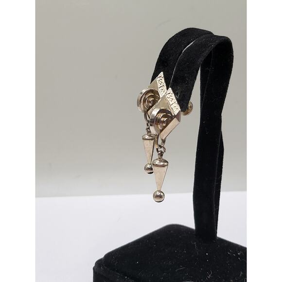 Vintage Art Deco Style Screw Back Earrings Geometric Drop Silver Tone - Picture 4 of 4